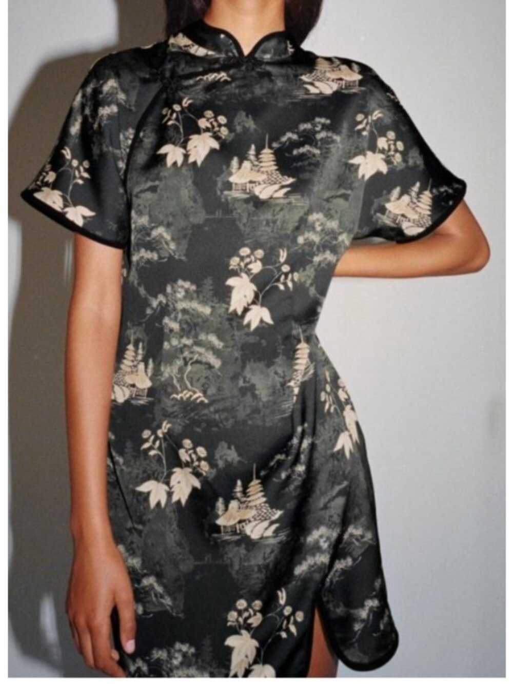 Zara Women's Sz Small Oriental-Inspired Mini Dress With Floral & Pagoda Print
